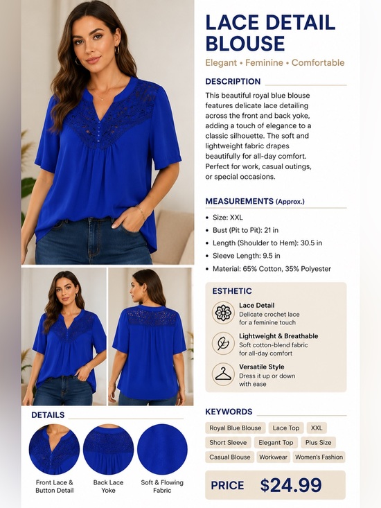 no brands Tops - Women's Royal Blue Crochet Yoke Blouse - Short Sleeve Elegant Top